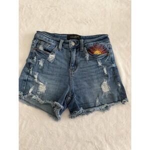 Judy Blue Small Distressed Denim Shorts Embroidered Sun Raw Hem High Rise
